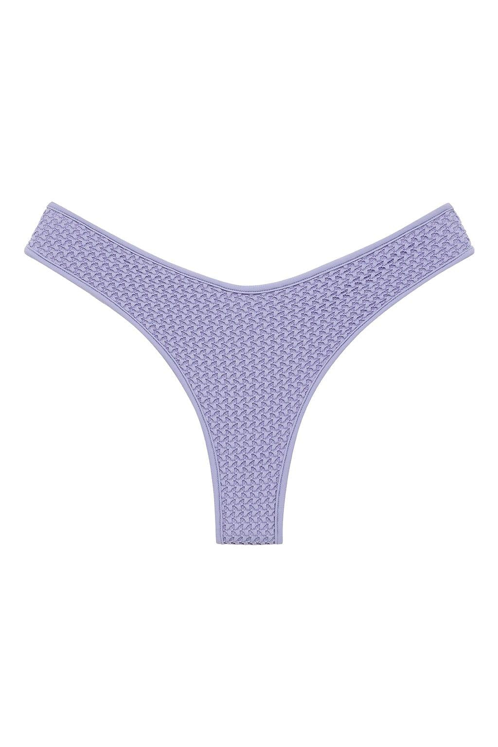 Lavender crochet bikini bottom with textured knit fabric and high-cut thong style.