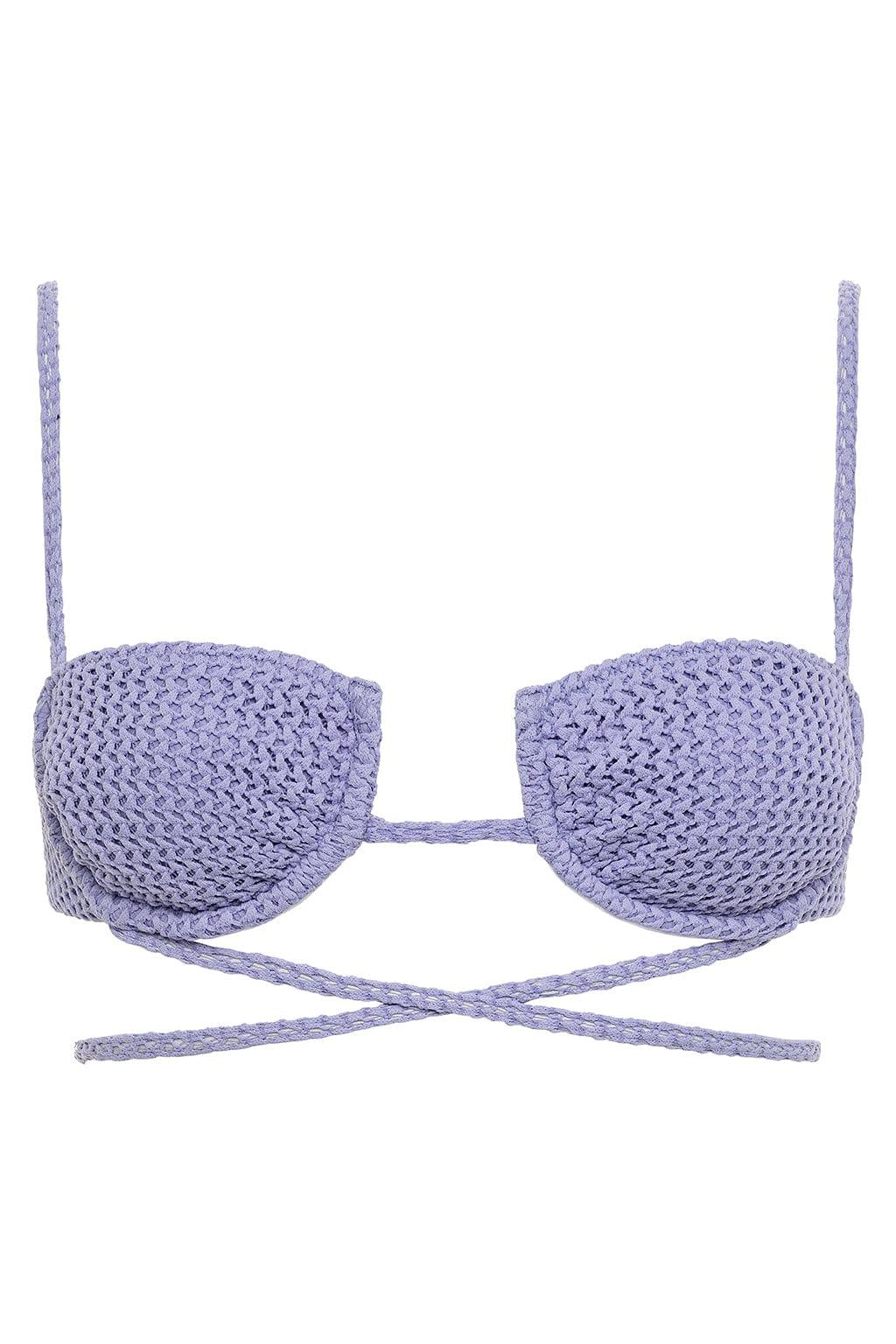 Lavender crochet bikini top with textured cups, thin shoulder straps, and crossover back tie closure.