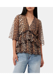 Leopard Pleated Georgette V neck Flounce Blouse | Almond Milk