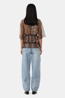 Leopard Pleated Georgette V neck Flounce Blouse | Almond Milk