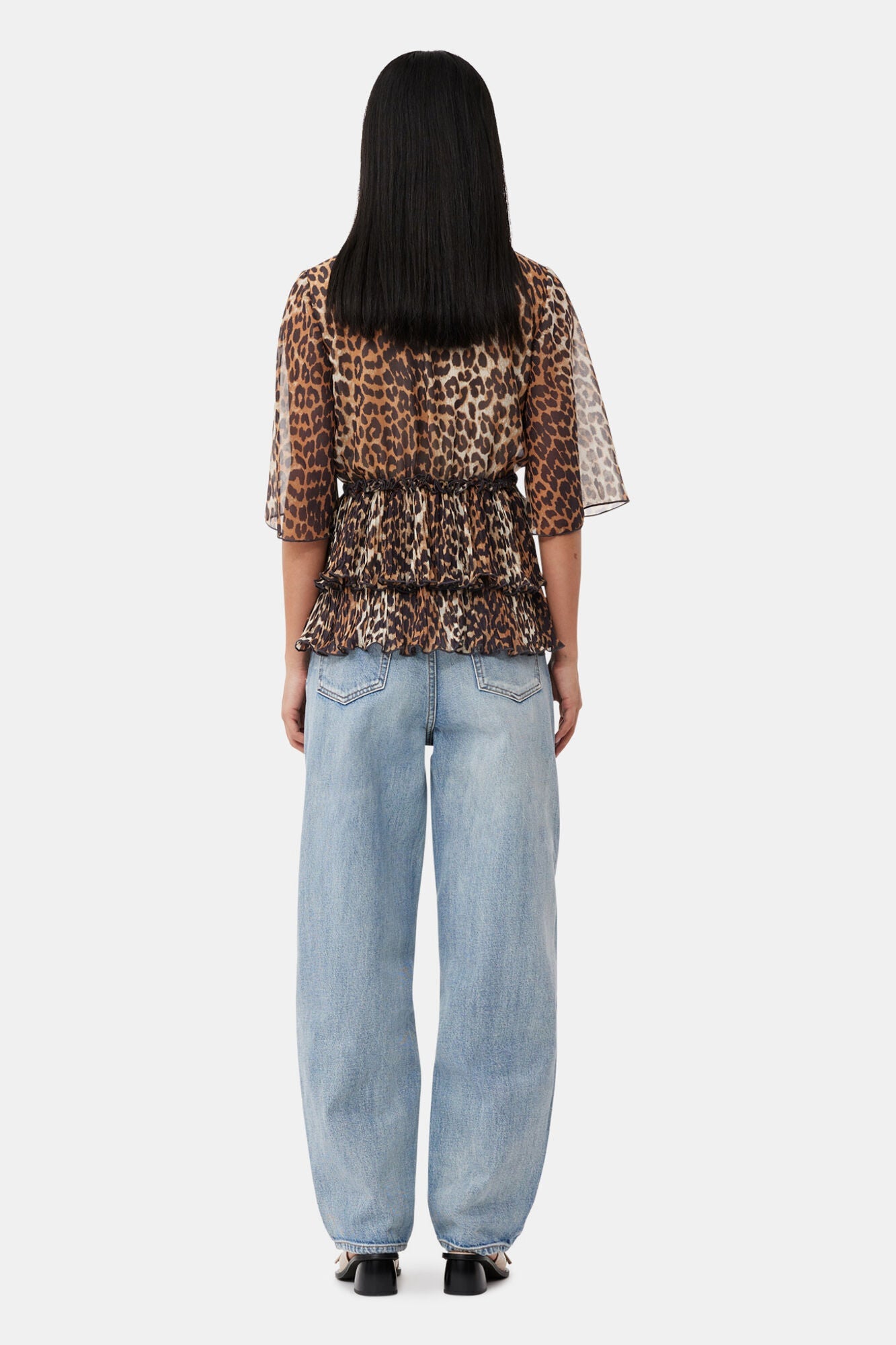 Leopard Pleated Georgette V neck Flounce Blouse | Almond Milk