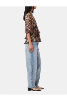 Leopard Pleated Georgette V neck Flounce Blouse | Almond Milk