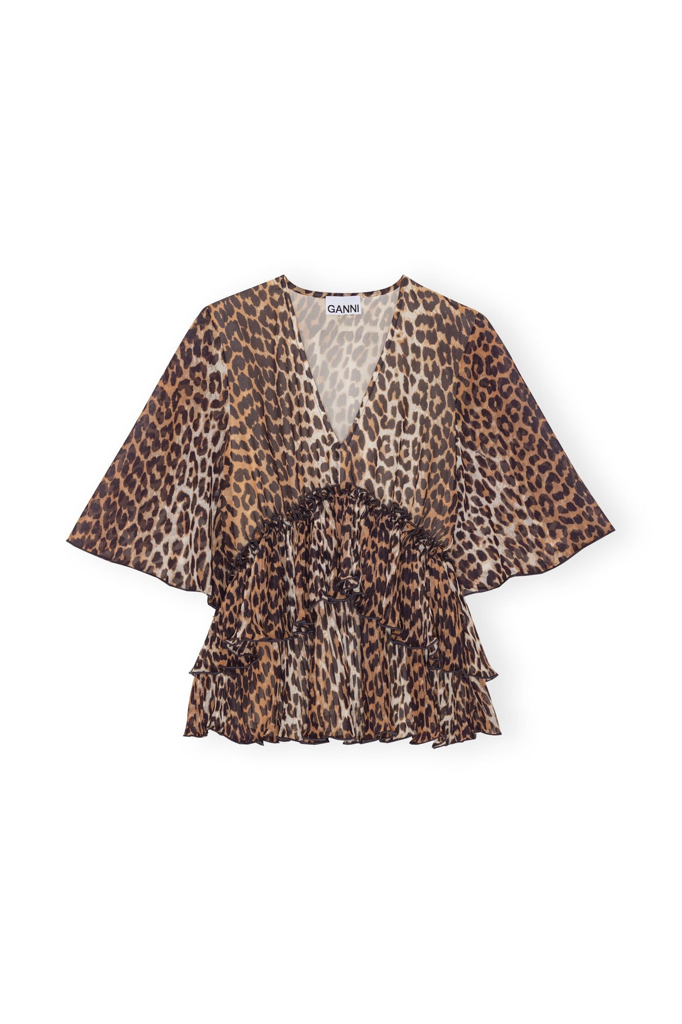Leopard Pleated Georgette V neck Flounce Blouse | Almond Milk