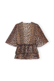 Leopard Pleated Georgette V neck Flounce Blouse | Almond Milk