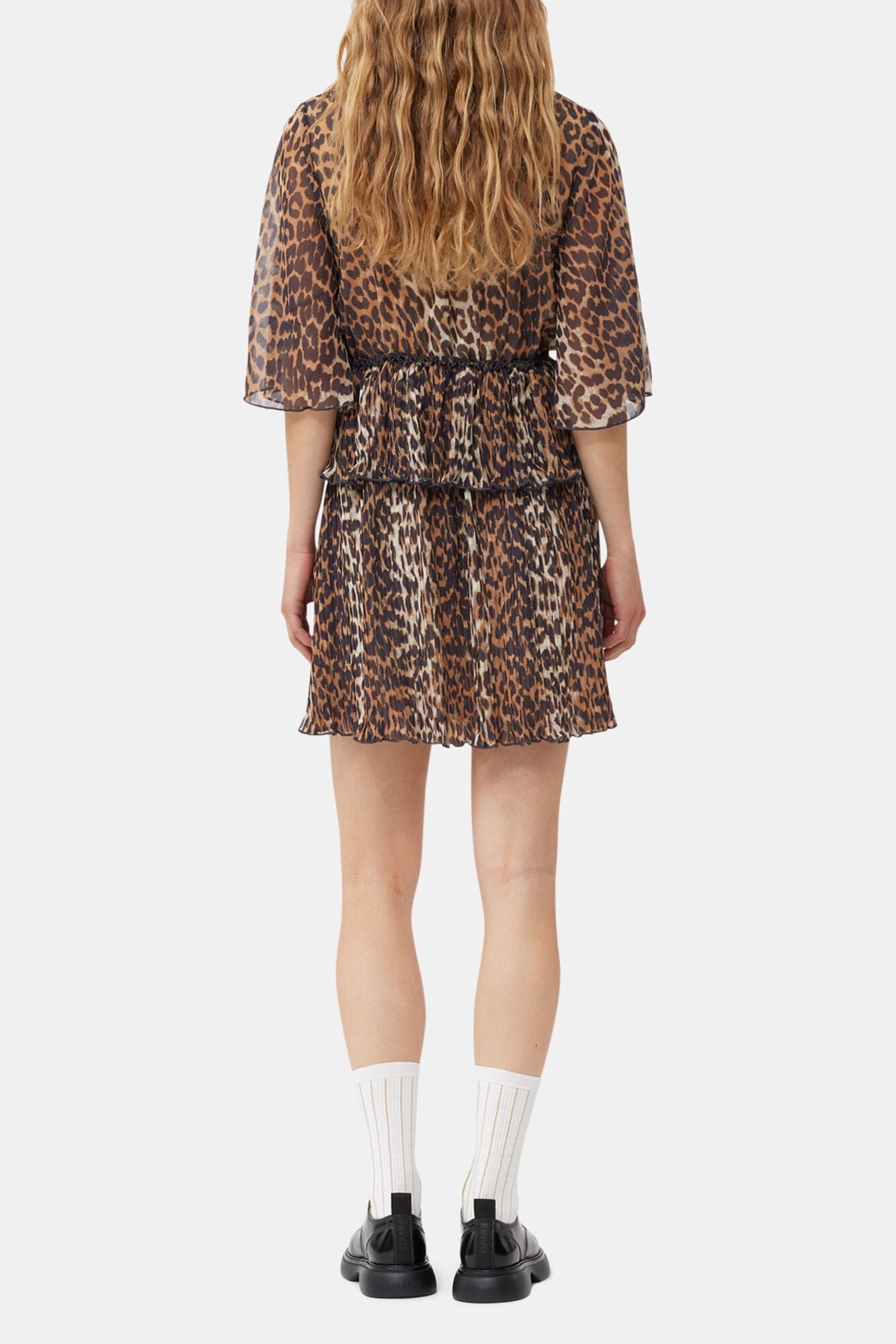 Leopard Pleated Georgette V neck Flounce Mini Dress | Almond Milk