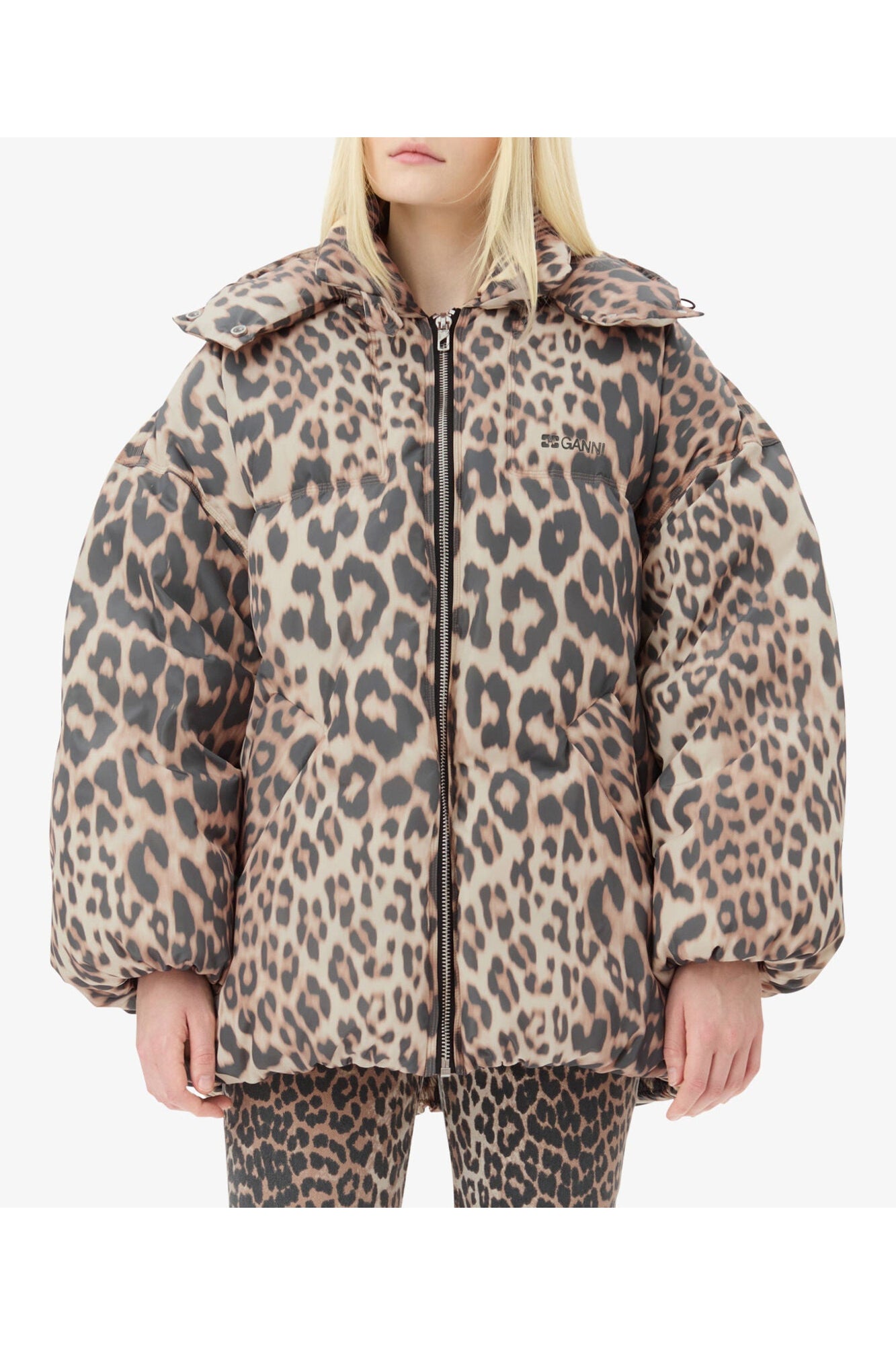 Leopard Print Midi Puffer Jacket | Almond Milk