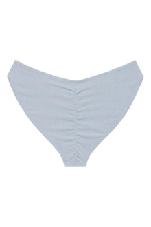 Light blue textured bikini bottom with wide side coverage and center seam detail.