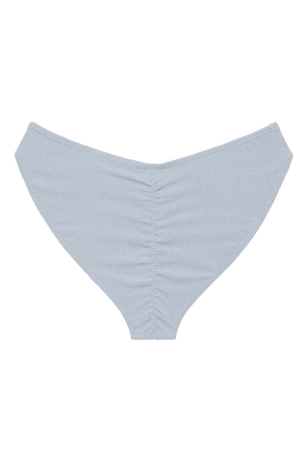 Light blue textured bikini bottom with wide side coverage and center seam detail.
