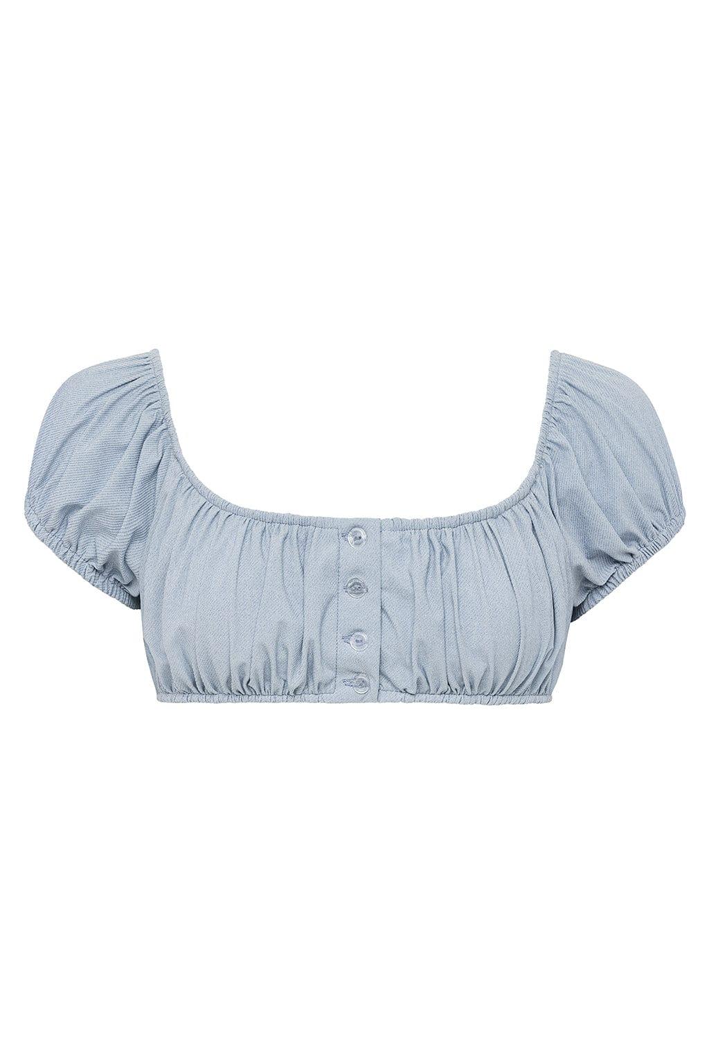 Light blue denim bikini top with puffed short sleeves, scoop neckline, and button front closure.