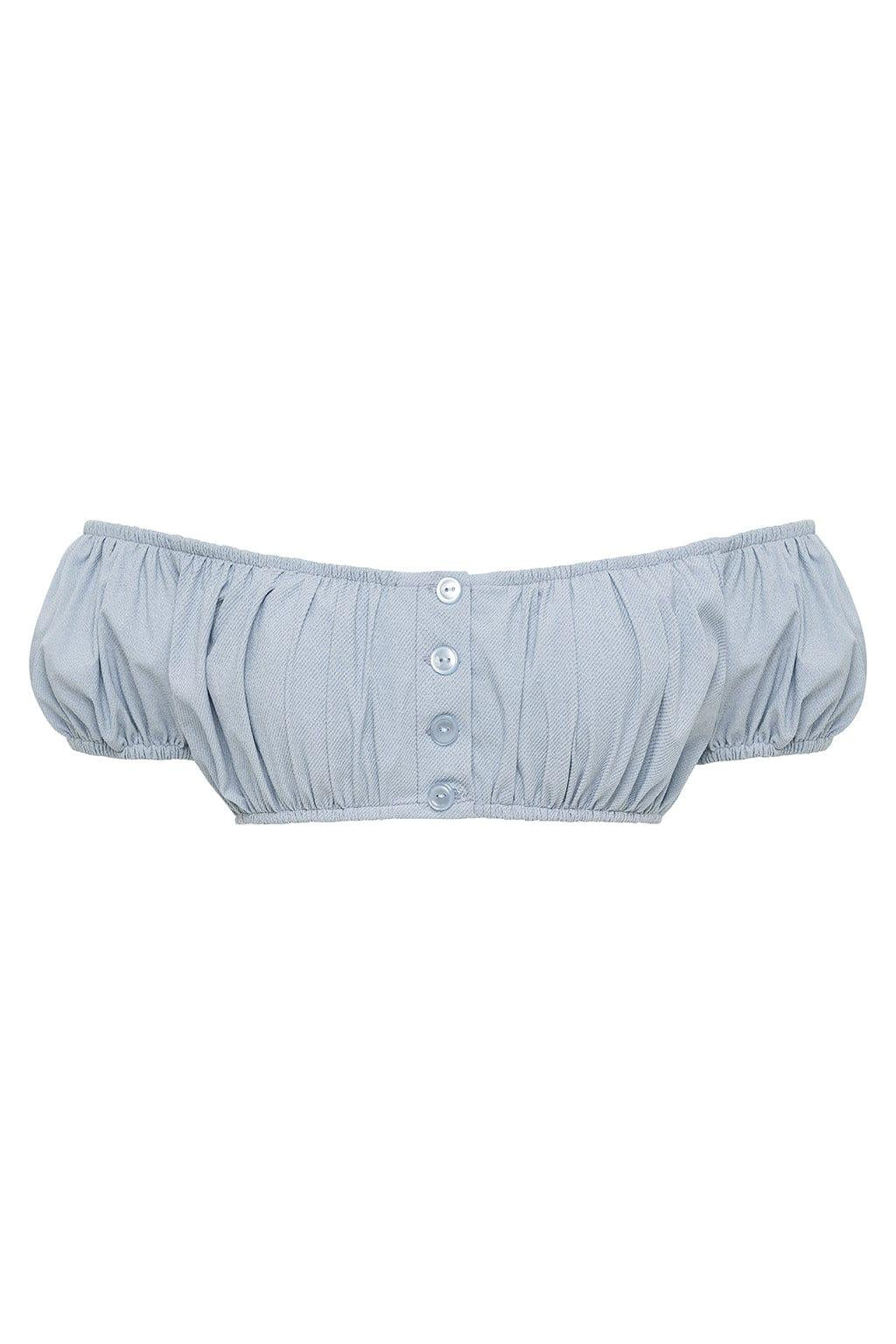 Light blue denim bikini top with off-shoulder design, puffed sleeves, and four button front closure.