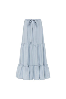 Light blue denim skirt with drawstring waist and three tiered ruffled panels.