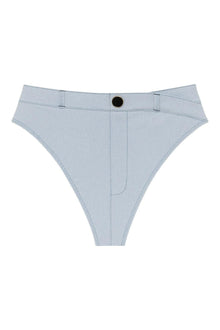 Light blue denim bikini bottom with high-waisted cut, button closure, and stitched details.
