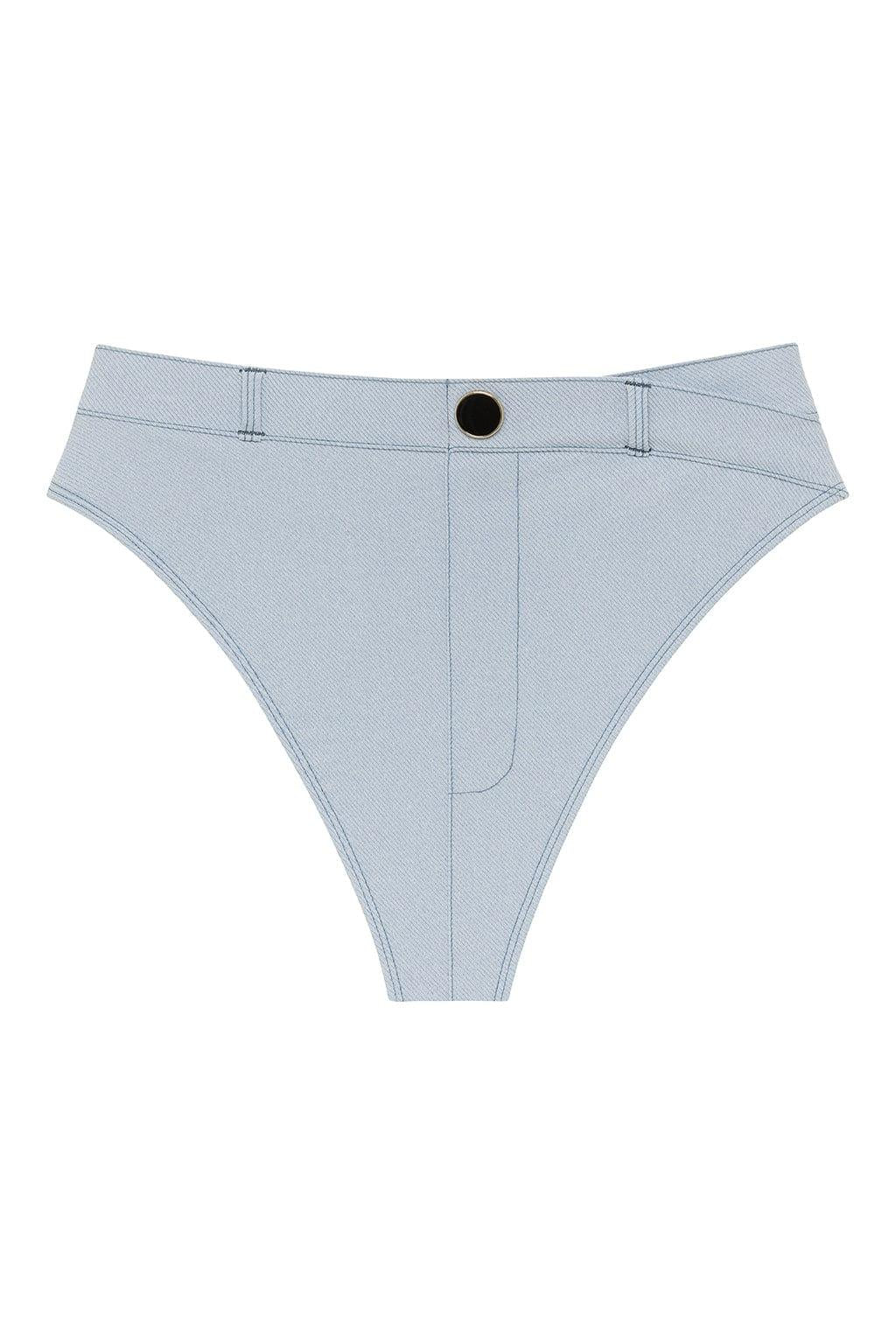 Light blue denim bikini bottom with high-waisted cut, button closure, and stitched details.