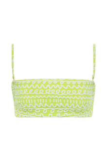 Lime green bikini top with white geometric pattern and adjustable shoulder straps.