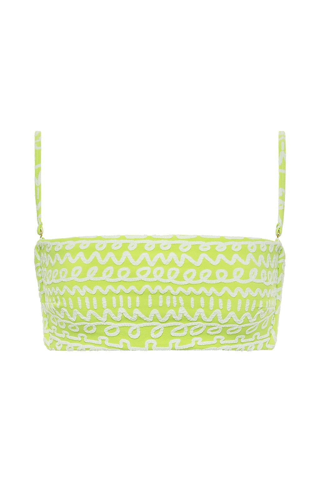 Lime green bikini top with white geometric pattern and adjustable shoulder straps.