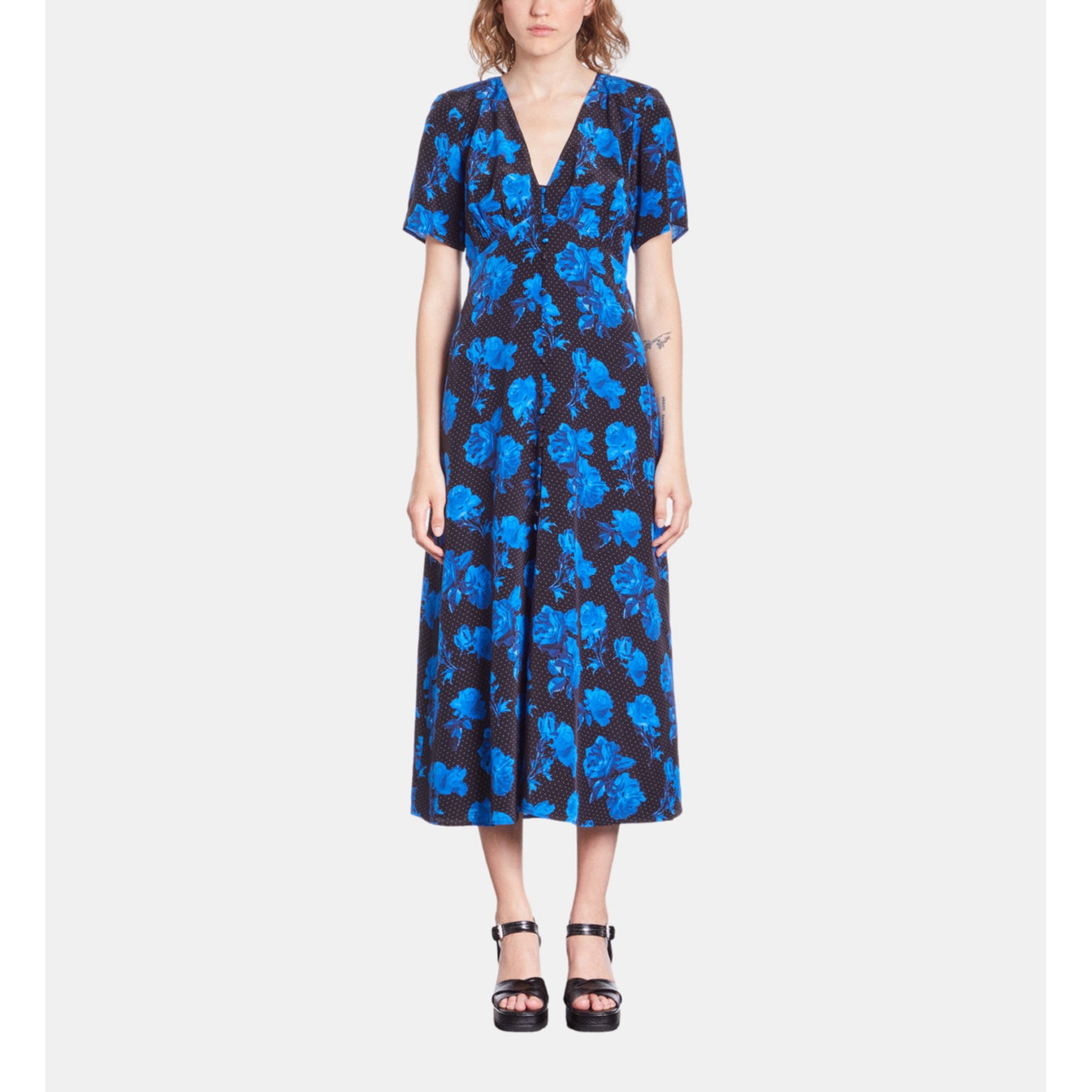 Long Printed Silk Dress With Buttoning | Women | Black Blue