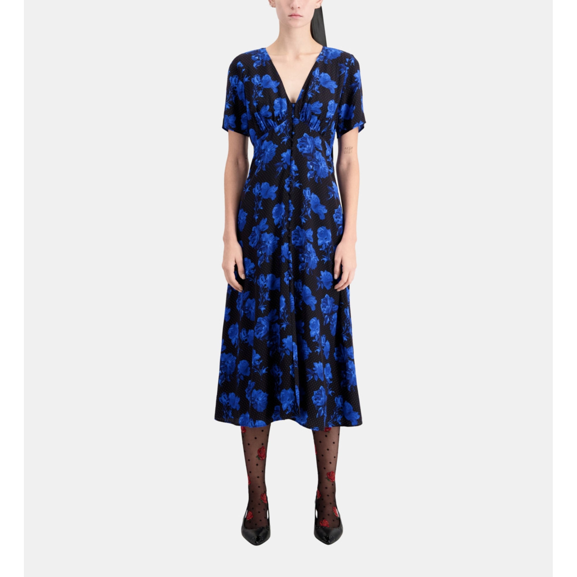 Long Printed Silk Dress With Buttoning | Women | Black Blue