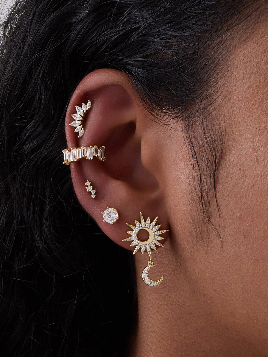 Sunrays Barbell Earring | 5A Grade Cubic Zirconia | 14K Gold Plated Brass