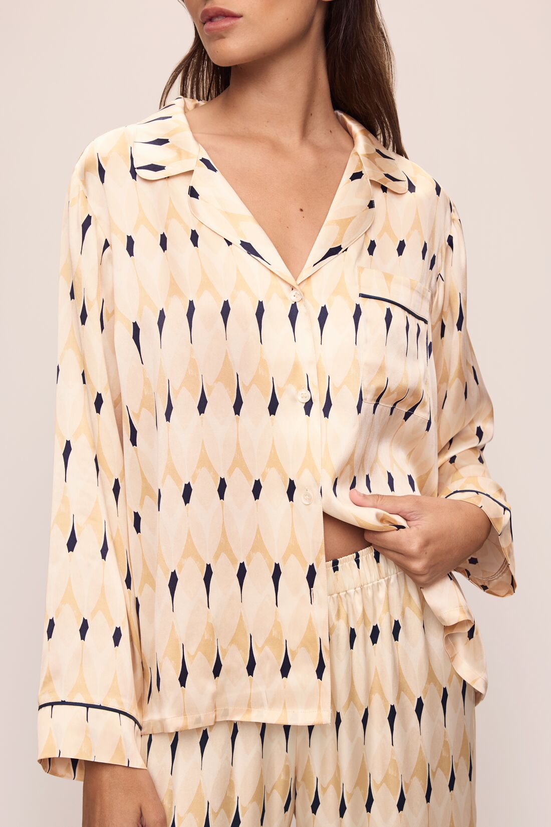 Womens | Inez Washable Silk Printed Long PJ Set | Leaves Boulder/Navy