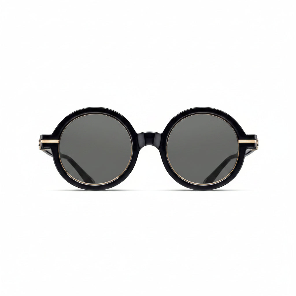 Unisex | M2059 Round Sunglass | Black/Brushed Gold | Grey Solid Lenses | 48MM