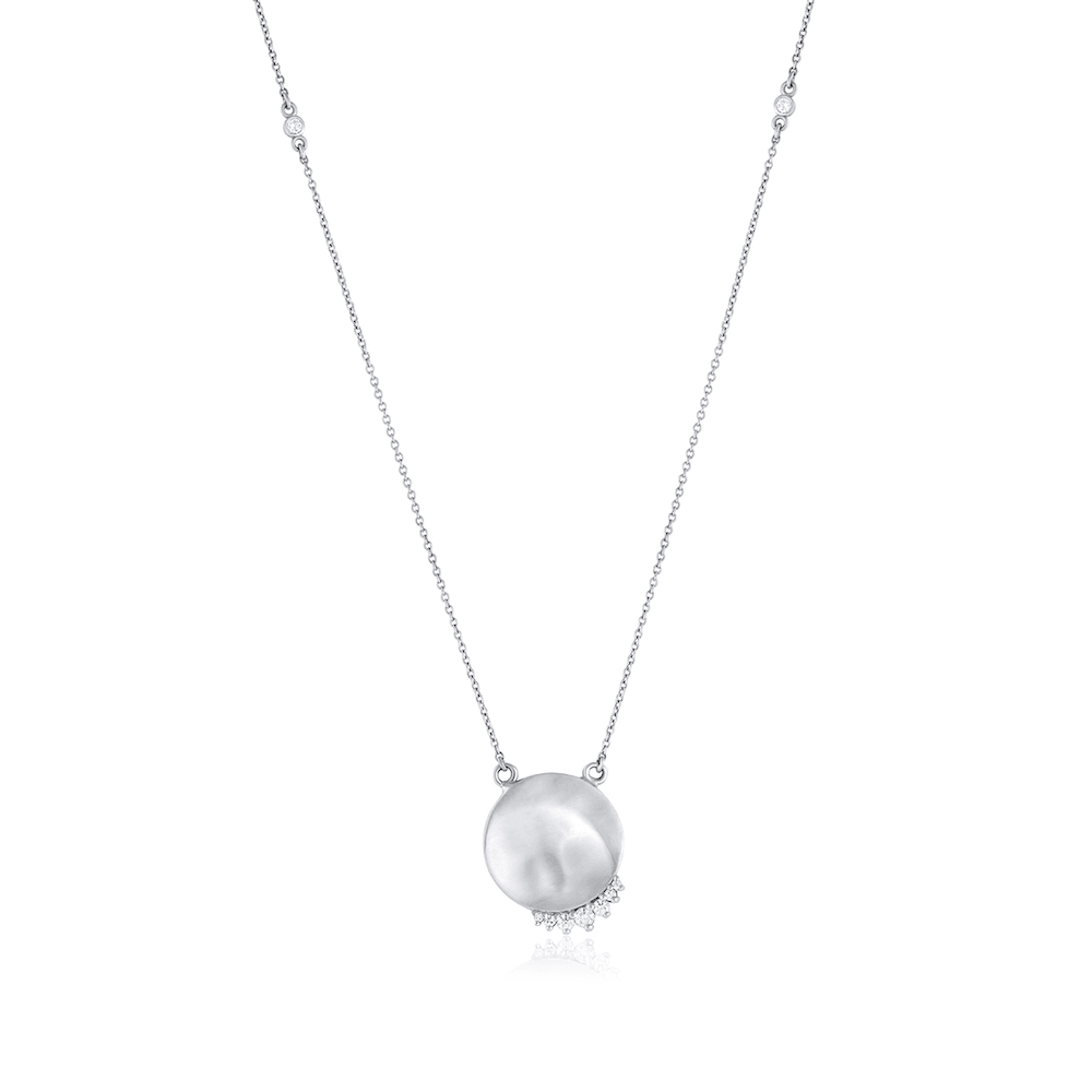 Women | White Gold Small Disco Diamond Pendant & Diamond Chain | 14k White Gold