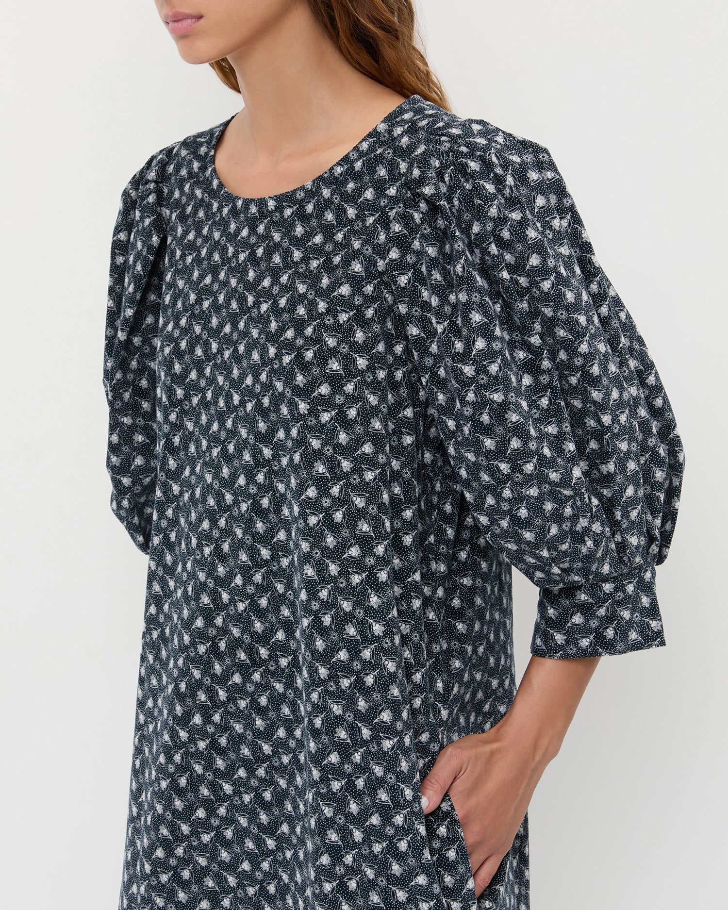 Maxwell Dress in blue ditsy floral cotton.