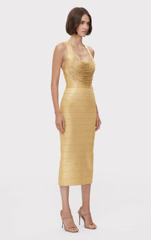 Disco Knit Fringe S/L Midi Dress | Metallic Gold