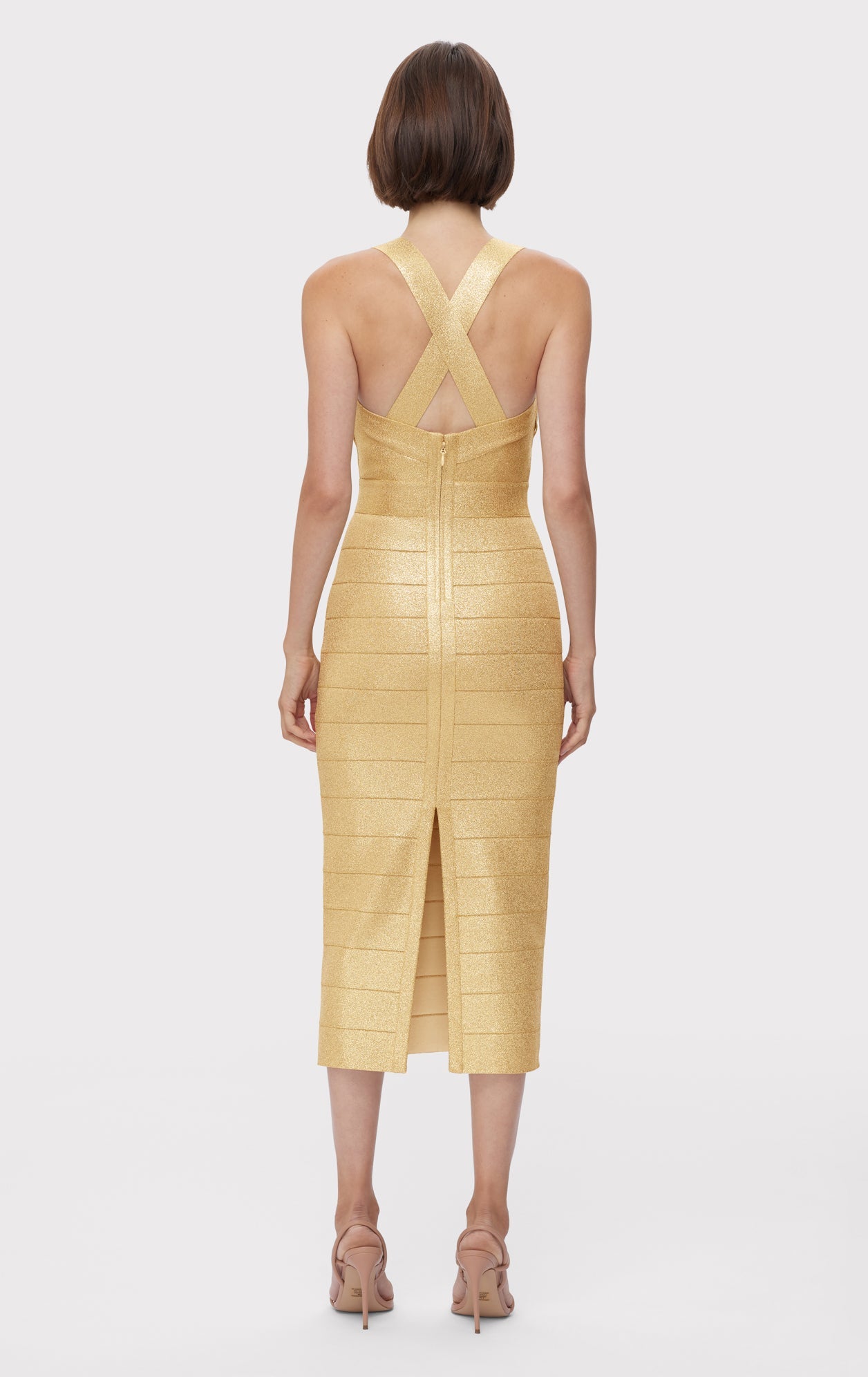 Disco Knit Fringe S/L Midi Dress | Metallic Gold