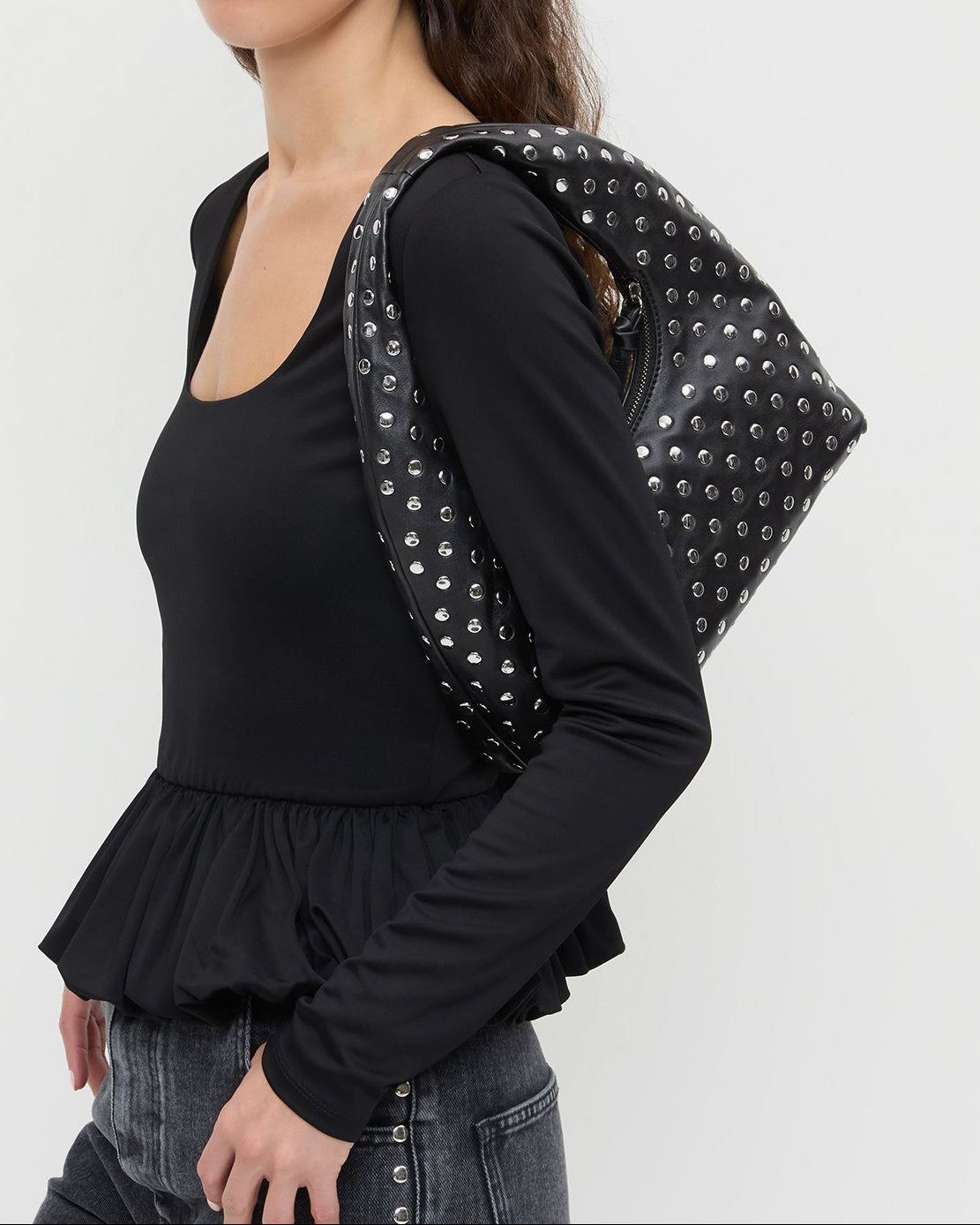 Mercer Black/Silver Leather Shoulder Bag in black leather with silver studs.