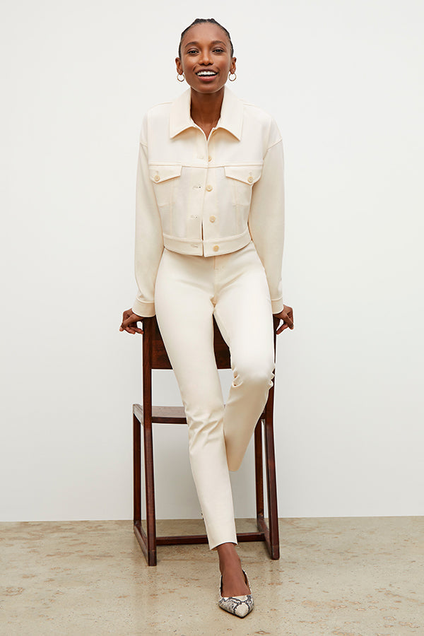 Front image of a woman standing wearing the Hockley Jean—Better Than Denim in Tusk | Exclude