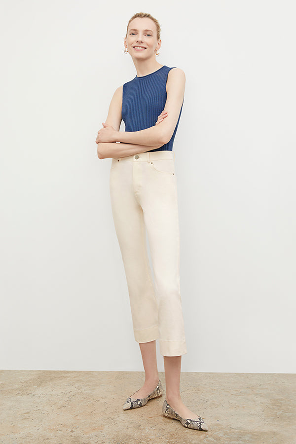 Front image of a woman wearing the Archie Jean in Tusk | Exclude