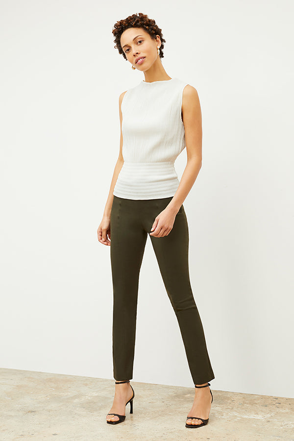 front image of woman wearing foster pant in dark olive | Exclude