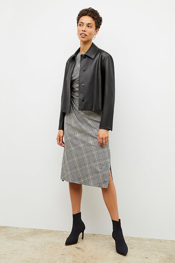 Front image of a woman wearing the jeannine dress in plaid sharkskin | Exclude