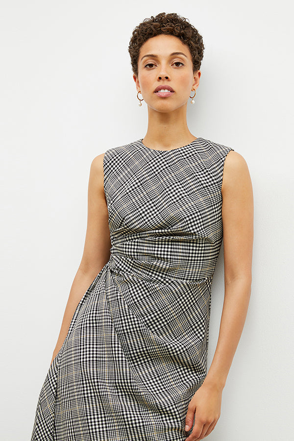 Front image of a woman wearing the jeannine dress in plaid sharkskin | Exclude | Grid Hover