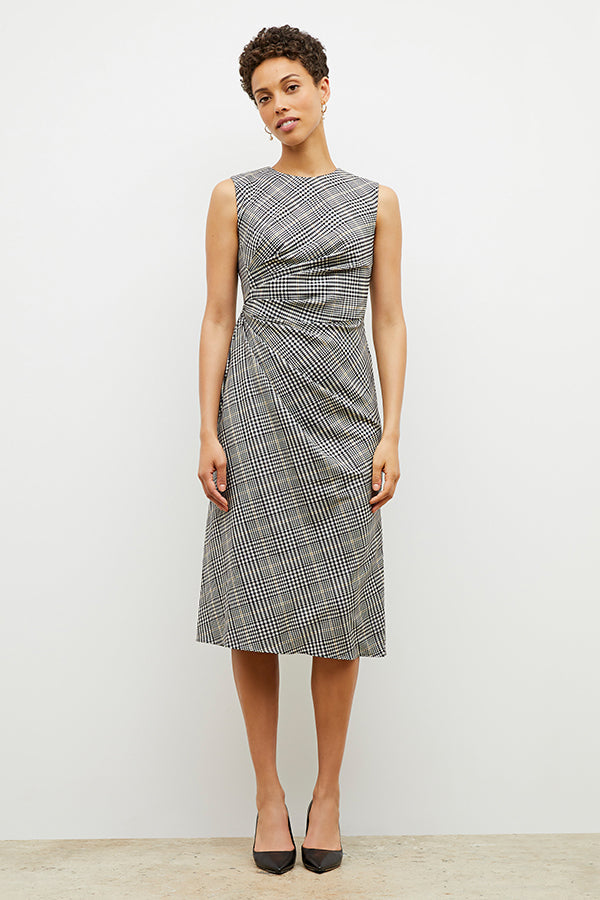 Front image of a woman wearing the jeannine dress in plaid sharkskin | Exclude | Grid