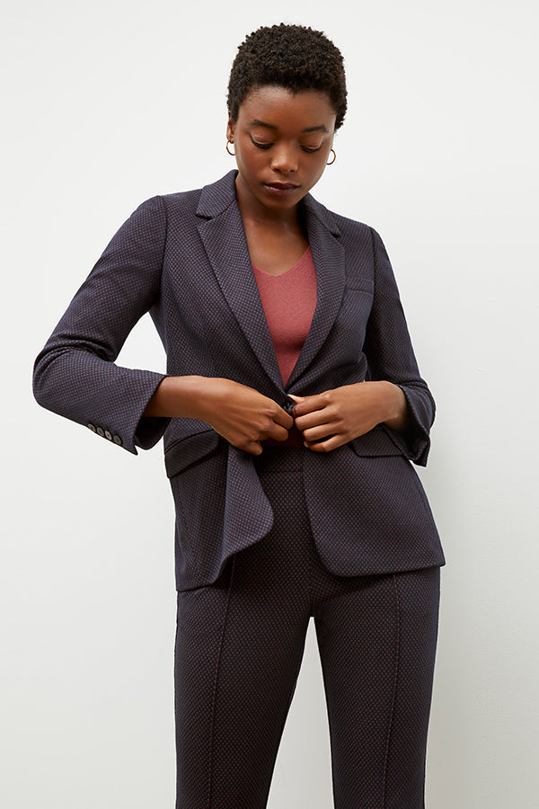 Front image of a woman wearing the yiyan blazer in navy multi | Exclude