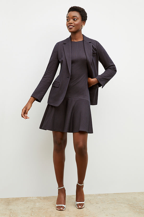 Front image of a woman wearing the jayde dress in navy multi | Exclude