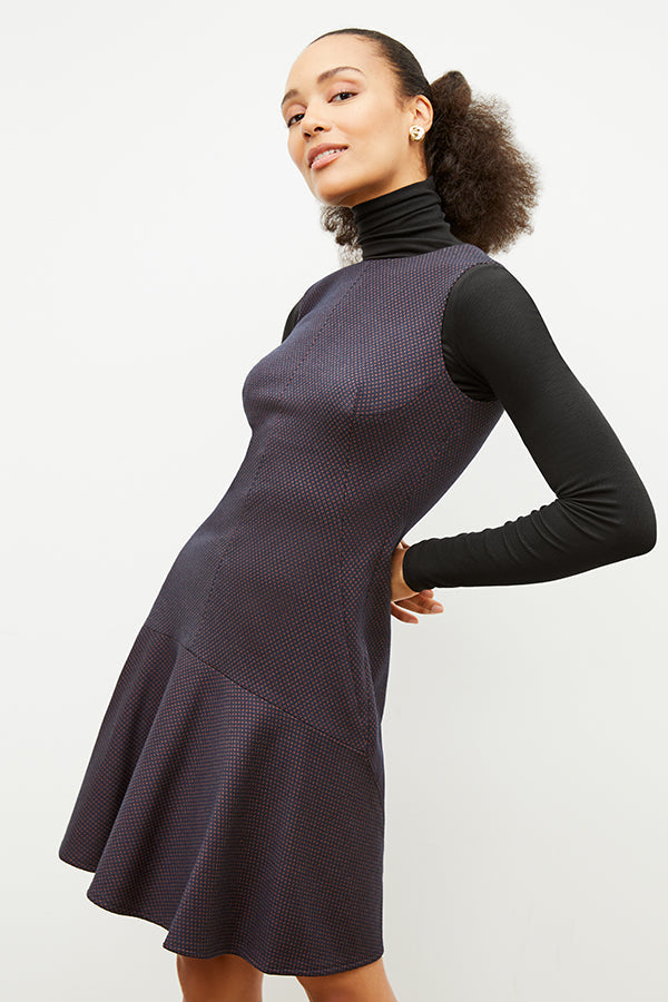 Front image of a woman wearing the jayde dress in navy multi | Exclude 