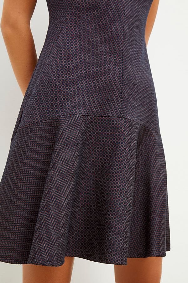 Front image of a woman wearing the jayde dress in navy multi | Exclude | Grid Hover