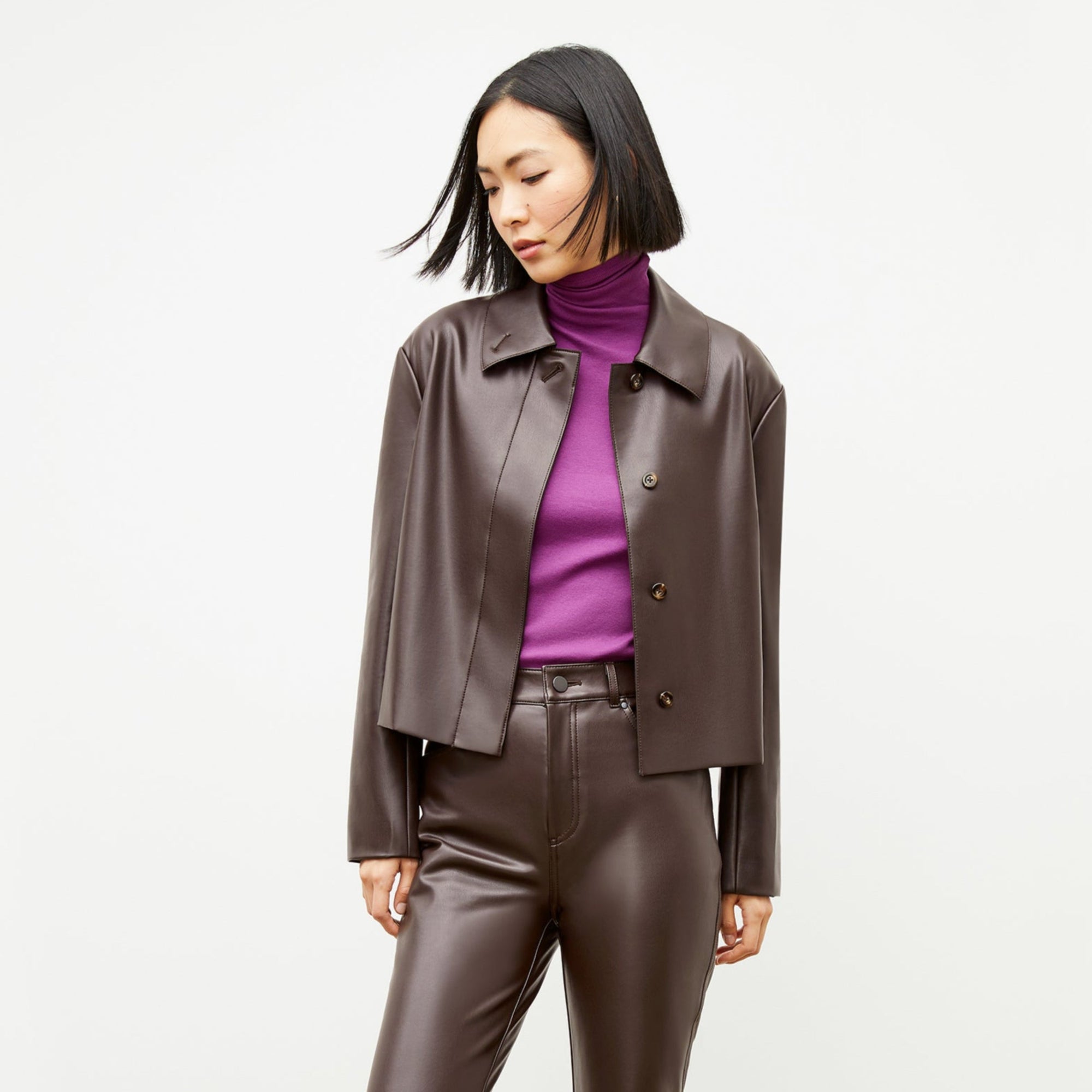 Front image of a woman wearing the nicky jacket in brown | Lead