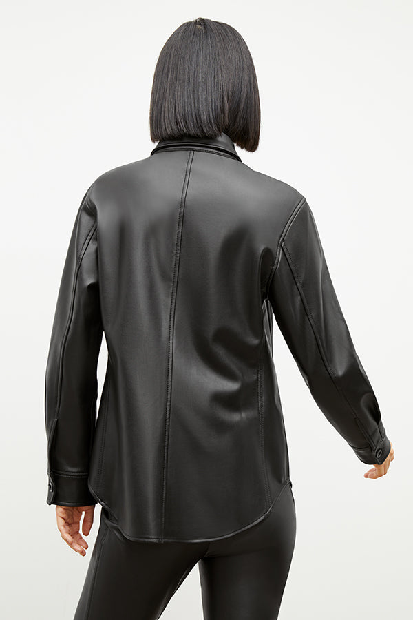 Image of a woman wearing the Sierra Shacket - Vegan Leather in Black | Exclude