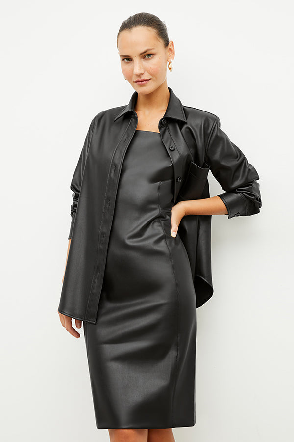 Front image of a woman wearing the noa dress in black | Exclude | Grid Hover