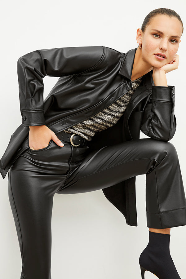 Image of a woman wearing the Sierra Shacket - Vegan Leather in Black | Exclude | Grid Hover