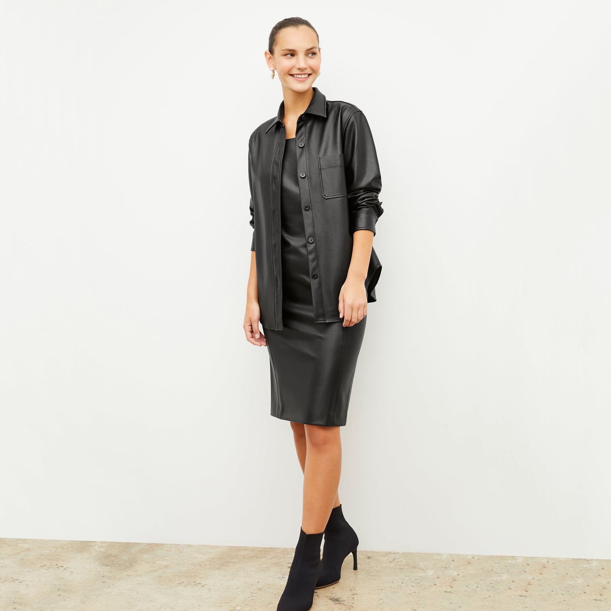 Image of a woman wearing the Sierra Shacket - Vegan Leather in Black