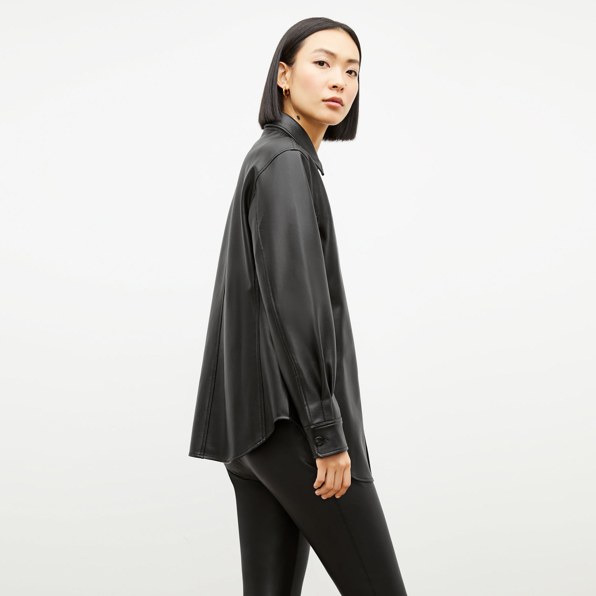 Image of a woman wearing the Sierra Shacket - Vegan Leather in Black