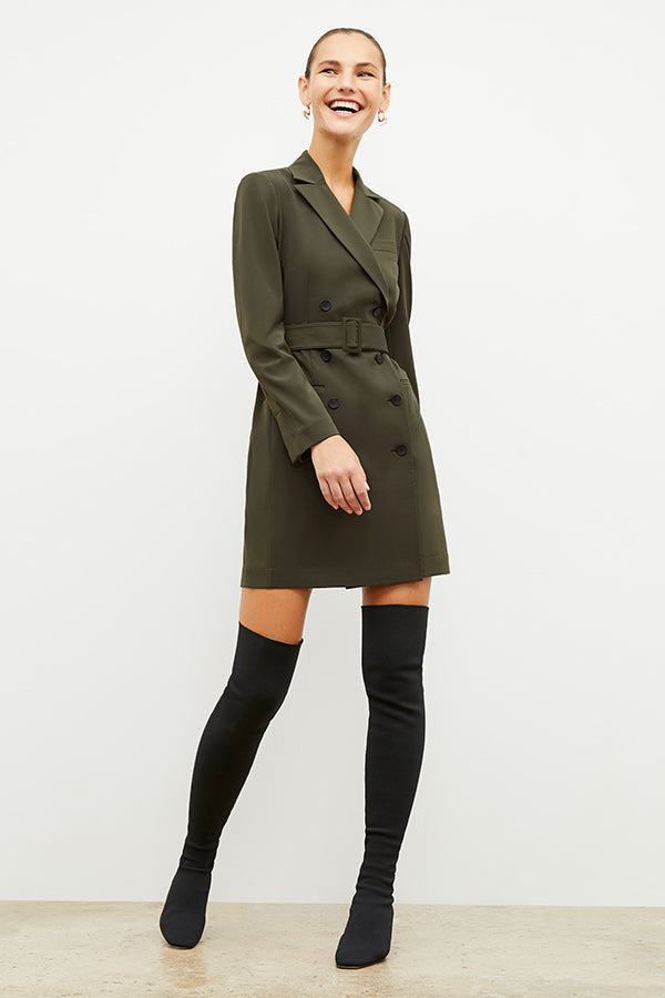 Front image of a woman wearing the gwynne dress in olive | Exclude | Grid