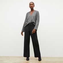 Front image of a woman wearing the annette top in flannel twill | Lead