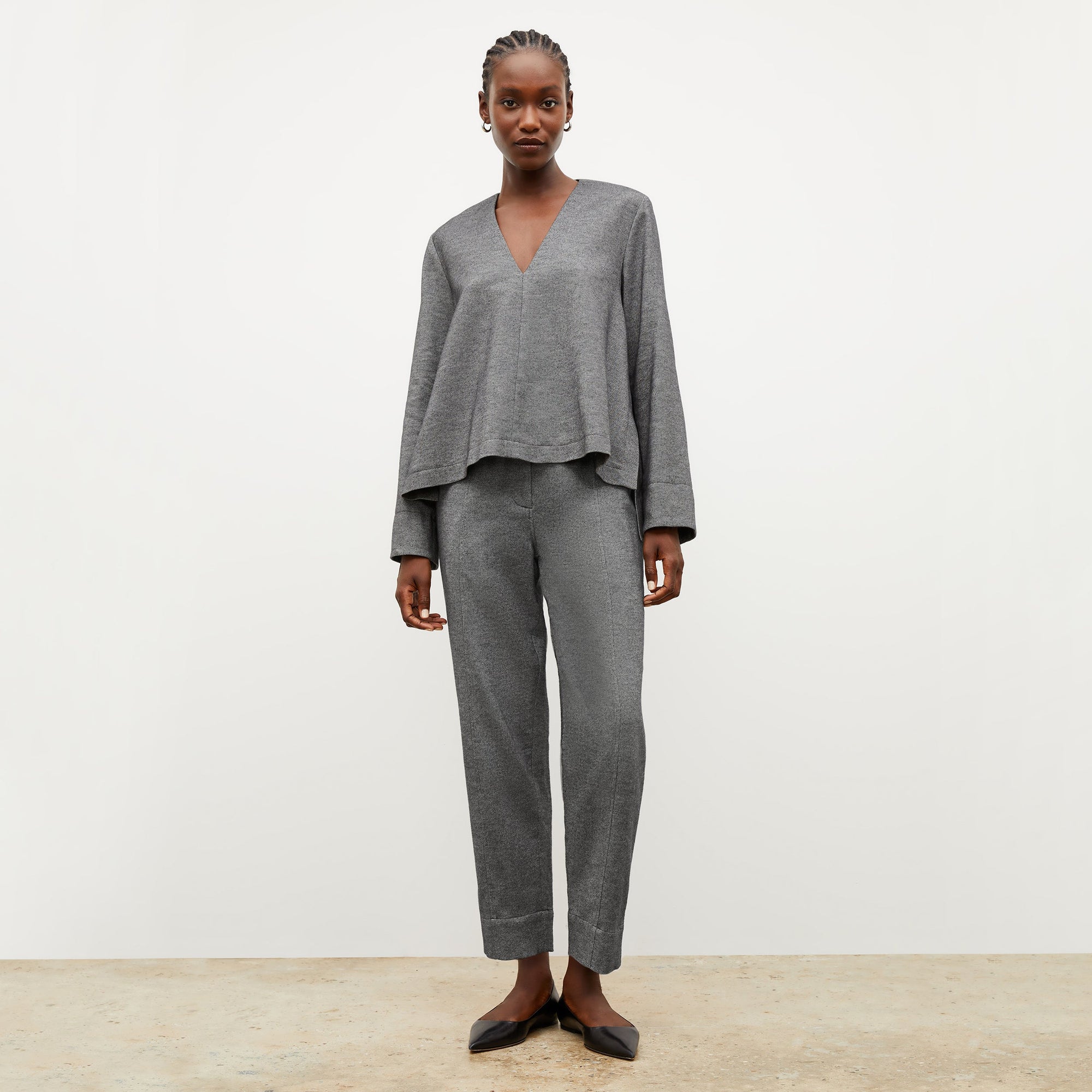 Front image of a woman wearing the annette top in flannel twill