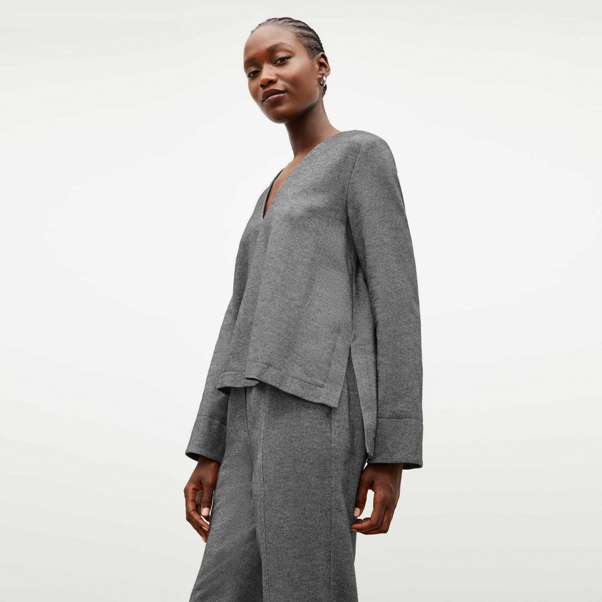 Front image of a woman wearing the annette top in flannel twill