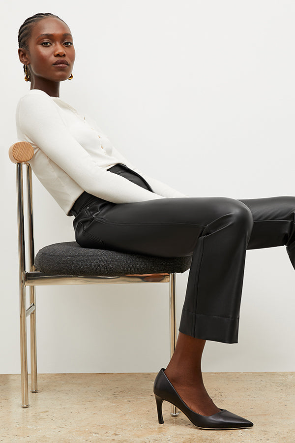 Front image of a woman wearing the archie pant in black | Exclude